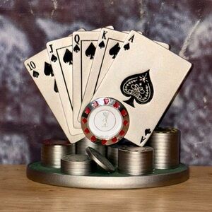 Waterbury Clock Timex Playing Cards Poker Chips Silver Metal Enamel Desk Clock